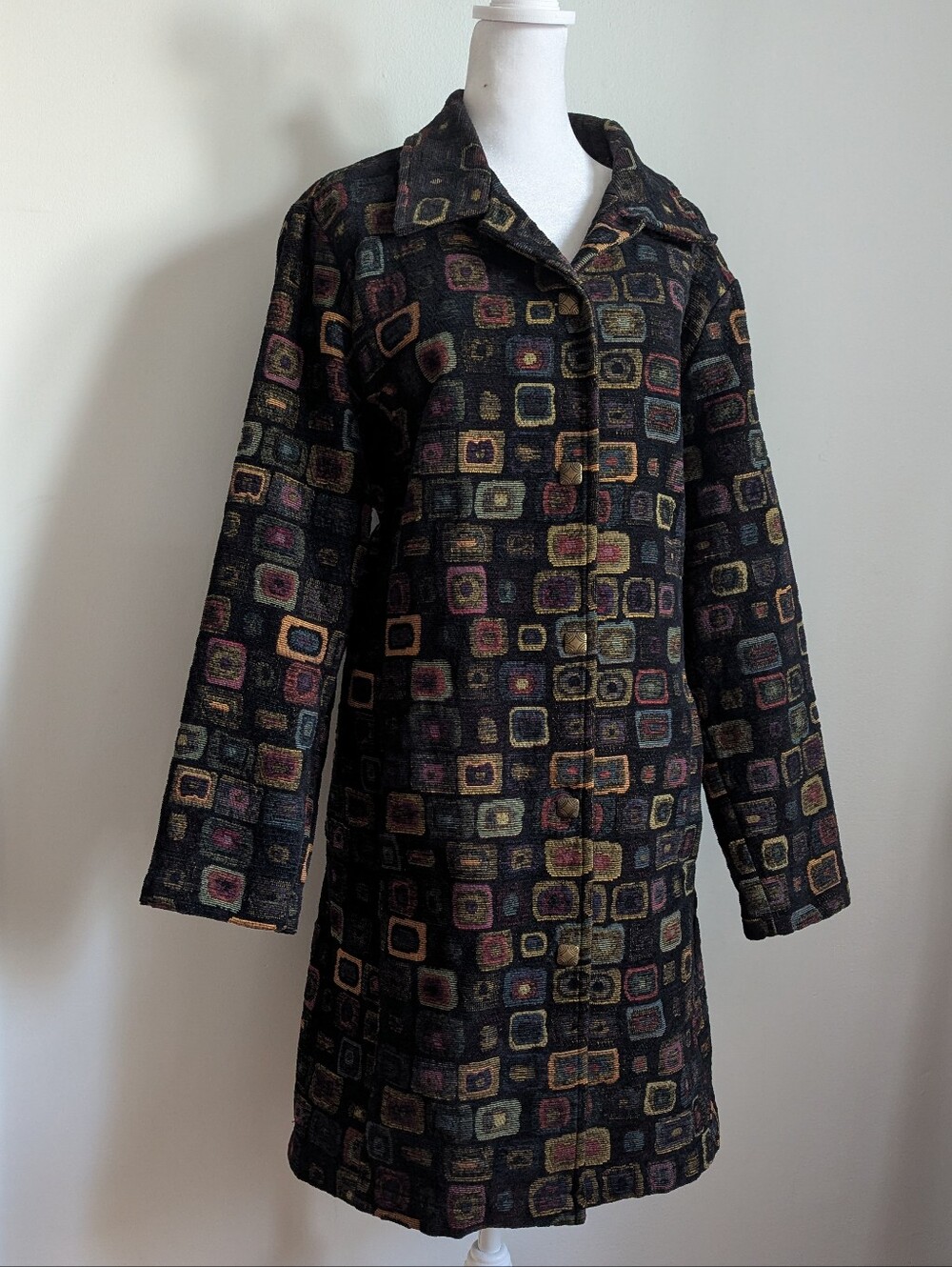 Vintage Nomadic Traders Chenille Colorful Geometric Print Tapestry Coat XL Artsy